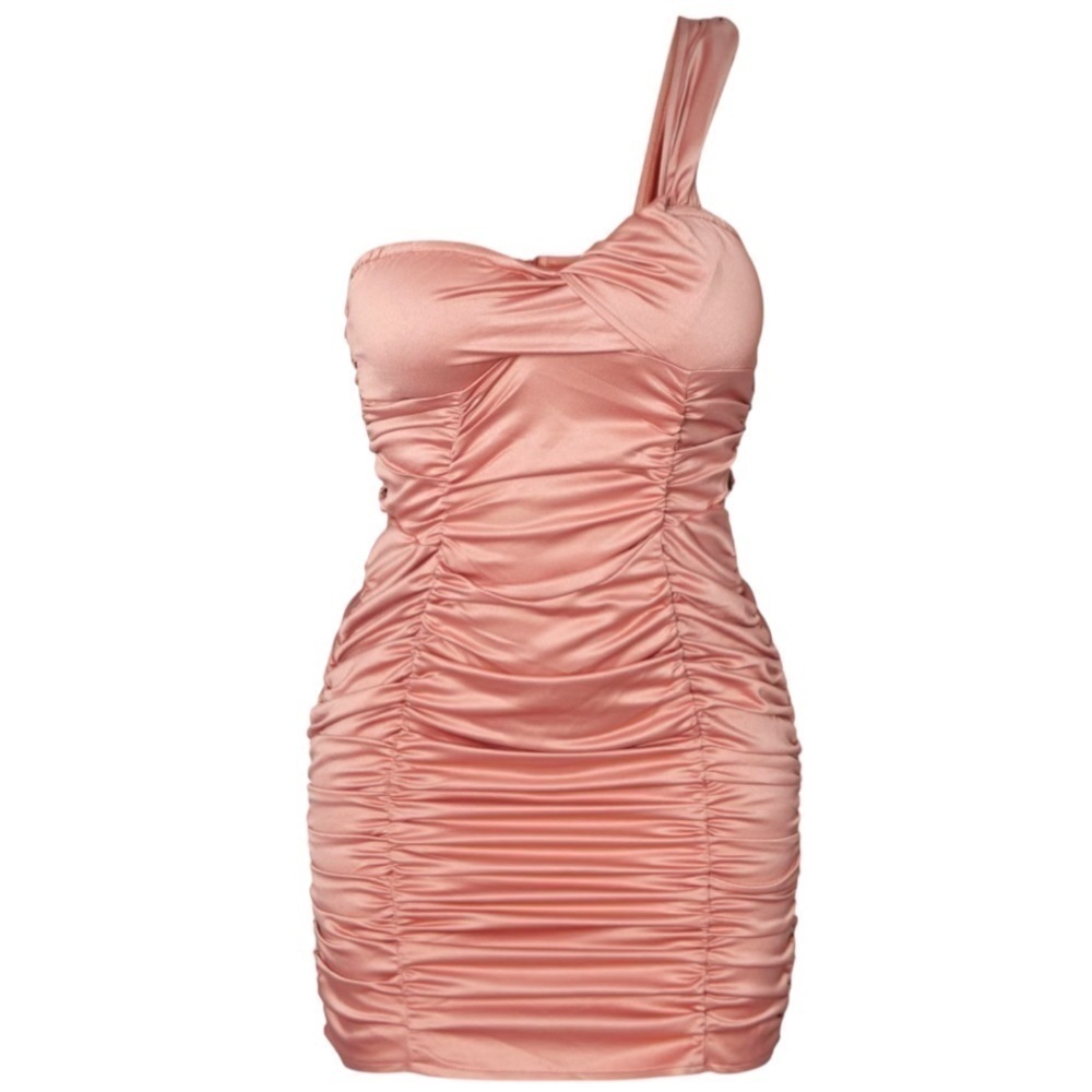 🅽🅴🆆 𝗣𝗟𝗧 Pink Rose Satin Ruched One Shoulder Bodycon Dress, US 2 / UK 6 - Picture 6 of 7